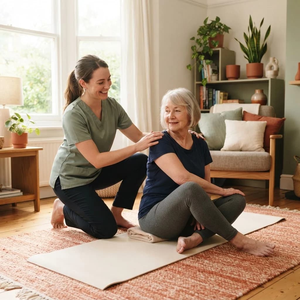 Physiotherapist guiding an older adult through a gentle lower-back stretch at home