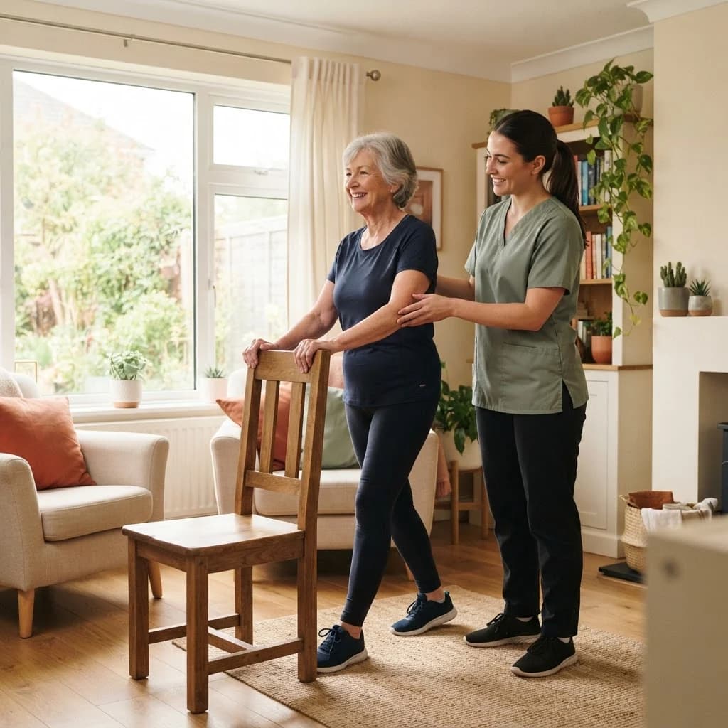 Physiotherapist helping an older adult practice balance exercises at home