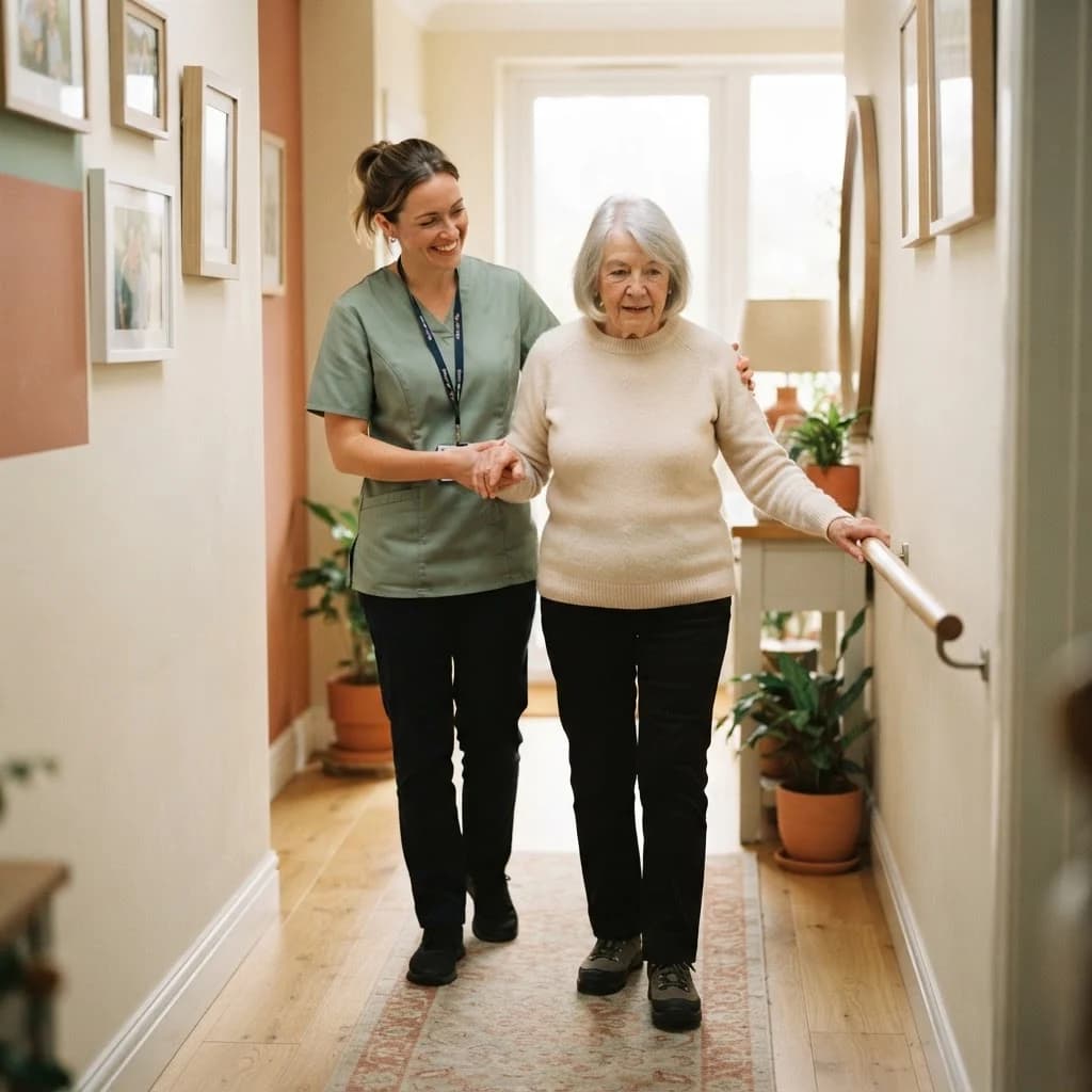 Physiotherapist supporting a stroke patient practicing walking at home