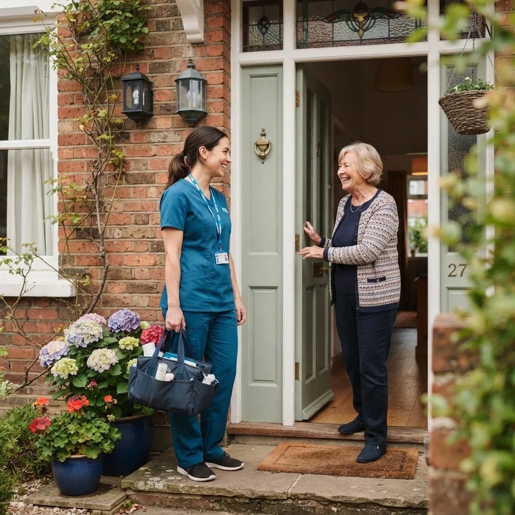 A friendly physiotherapist arriving at a patient's home for a visit