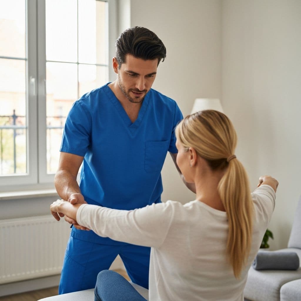 Physiotherapist working with patient at home